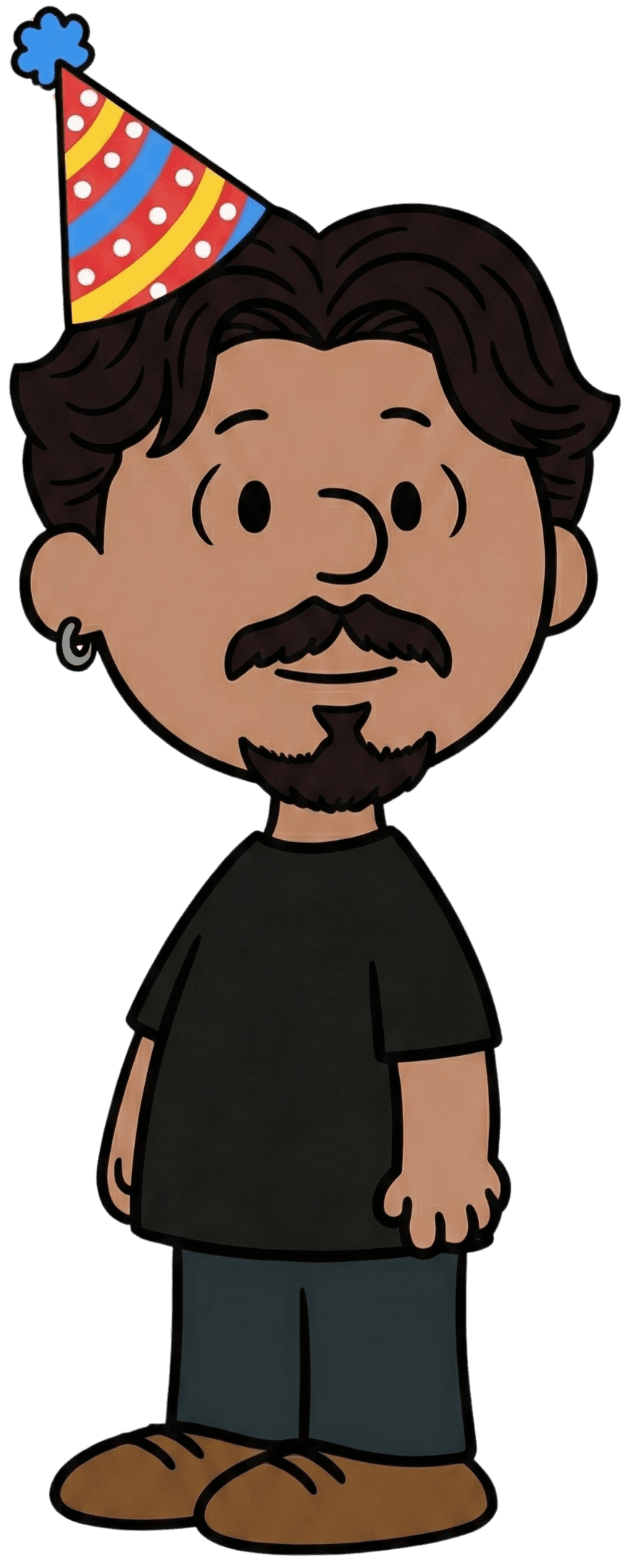 João em estilo Snoopy sorrindo com chapéu de festa